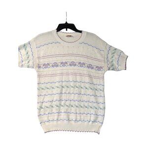 Vintage Beldach Popper Short Sleeve Sweater Womens Knit Floral Pattern S-M